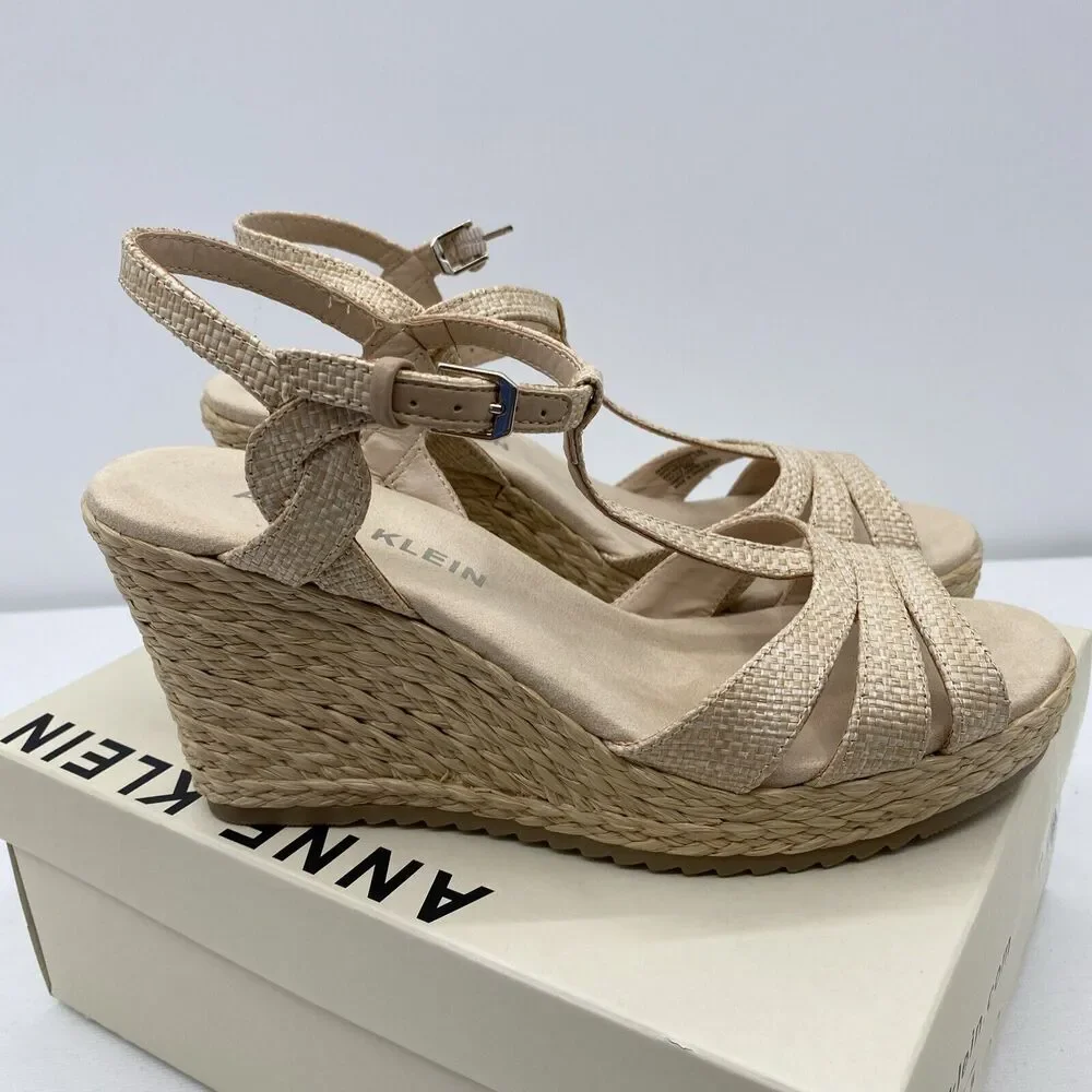 Anne Klein Womens Waves Beige Raffia Wedge Sandals 8 Medium (B,M)